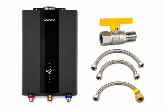 Aquecedor de Água a Gás GLP Komeco Preto 26BK Home 26L + Kit de Instalação
