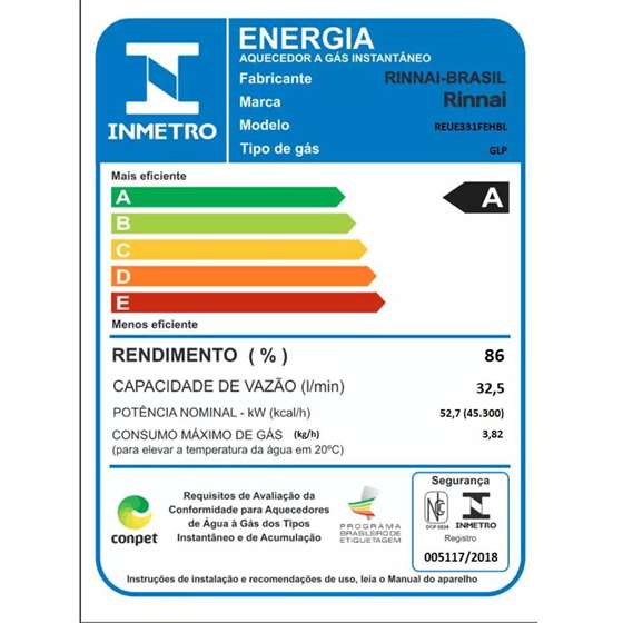 Aquecedor de Água a Gás Digital Rinnai 32,5 Litros E33 Bivolt GLP - Branco