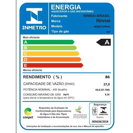 Aquecedor de Água a Gás GLP Digital Rinnai 27 Litros E27 Bivolt