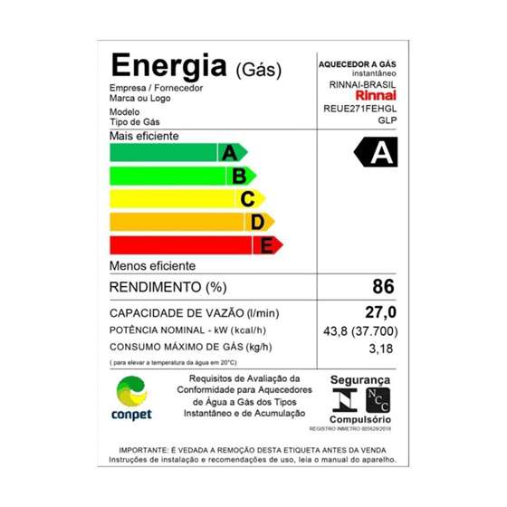 Aquecedor de Água a Gás GLP Digital Rinnai 27 Litros E27 Bivolt