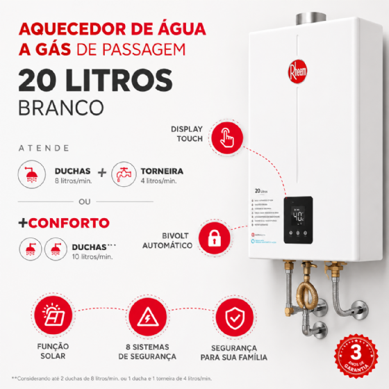 Aquecedor de Água a Gás Rheem 20 Litros Digital GLP Branco Bivolt