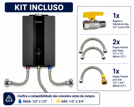 Aquecedor de Água a Gás GLP Komeco Preto 26BK Home 26L + Kit de Instalação